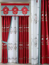 QYHL225P Silver Beach Embroidered Lotus Red Blue Faux Silk Custom Made Curtains