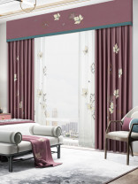 QYHL225RA Silver Beach Embroidered Maple Leaves Red Blue Faux Silk Pleated Ready Made Curtains